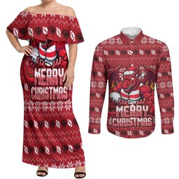 Personalized St George Illawarra Dragons Christmas Couples Matching Off Shoulder Maxi Dress and Long Sleeve Button Shirt Australian Rugby Fans - Pixelated Ugly Xmas Pattern Mascot Santa