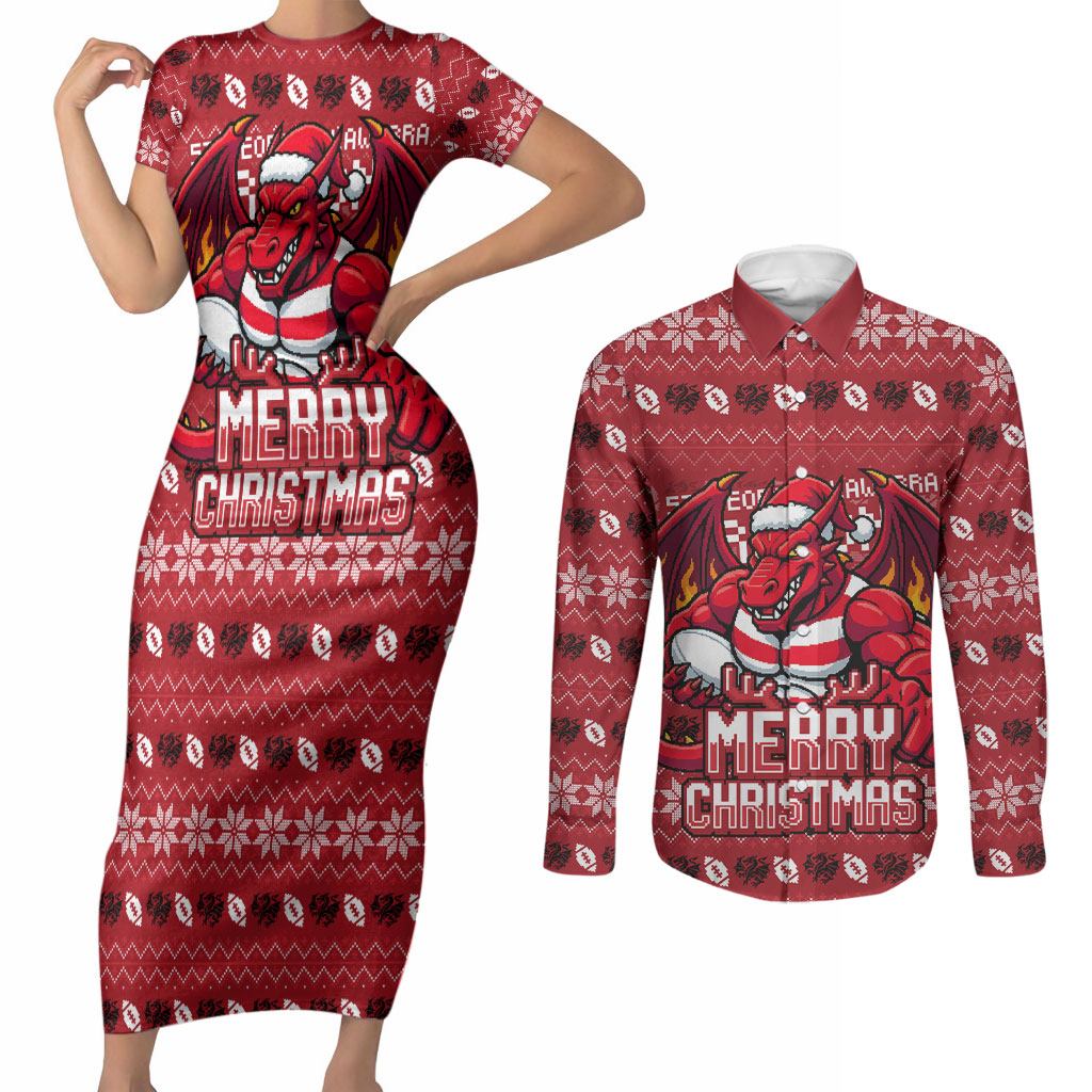 Personalized St George Illawarra Dragons Christmas Couples Matching Short Sleeve Bodycon Dress and Long Sleeve Button Shirt Australian Rugby Fans - Pixelated Ugly Xmas Pattern Mascot Santa