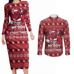 Personalized St George Illawarra Dragons Christmas Couples Matching Long Sleeve Bodycon Dress and Long Sleeve Button Shirt Australian Rugby Fans - Pixelated Ugly Xmas Pattern Mascot Santa