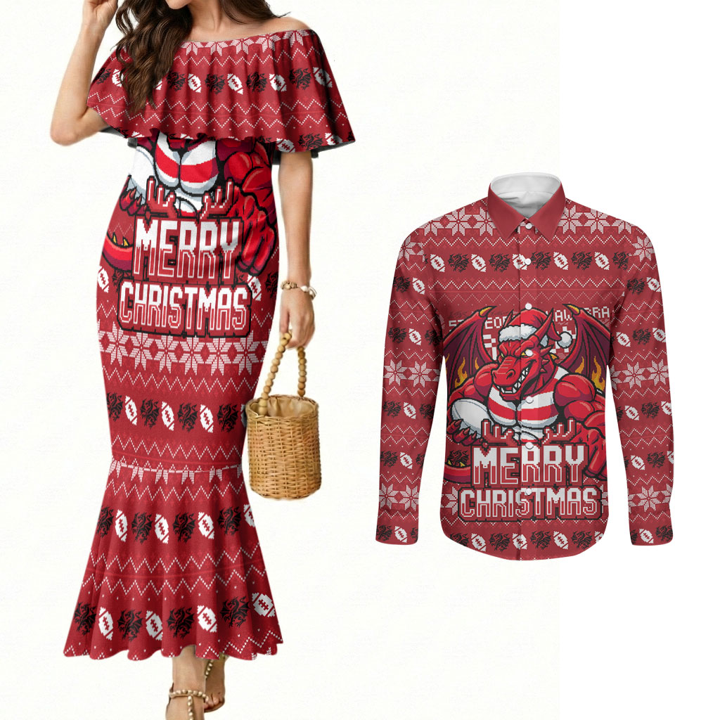 Personalized St George Illawarra Dragons Christmas Couples Matching Mermaid Dress and Long Sleeve Button Shirt Australian Rugby Fans - Pixelated Ugly Xmas Pattern Mascot Santa
