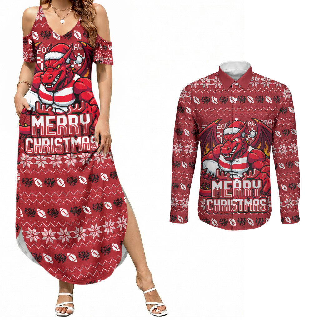 Personalized St George Illawarra Dragons Christmas Couples Matching Summer Maxi Dress and Long Sleeve Button Shirt Australian Rugby Fans - Pixelated Ugly Xmas Pattern Mascot Santa