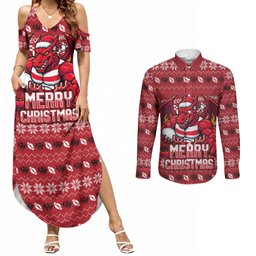 Personalized St George Illawarra Dragons Christmas Couples Matching Summer Maxi Dress and Long Sleeve Button Shirt Australian Rugby Fans - Pixelated Ugly Xmas Pattern Mascot Santa