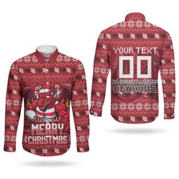 Personalized St George Illawarra Dragons Christmas Couples Matching Mermaid Dress and Long Sleeve Button Shirt Australian Rugby Fans - Pixelated Ugly Xmas Pattern Mascot Santa