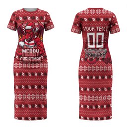 Personalized St George Illawarra Dragons Christmas Couples Matching Short Sleeve Bodycon Dress and Long Sleeve Button Shirt Australian Rugby Fans - Pixelated Ugly Xmas Pattern Mascot Santa