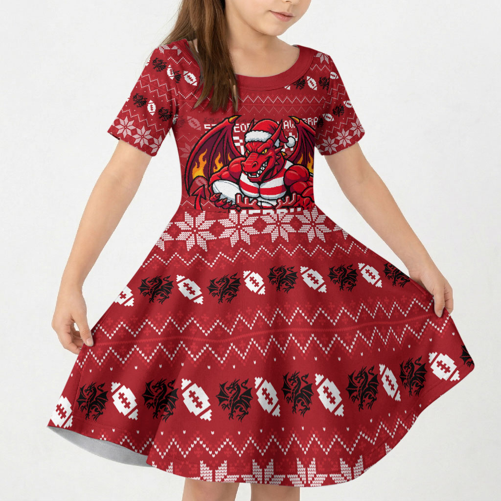 Personalized St George Illawarra Dragons Christmas Kid Short Sleeve Dress Australian Rugby Fans - Pixelated Ugly Xmas Pattern Mascot Santa