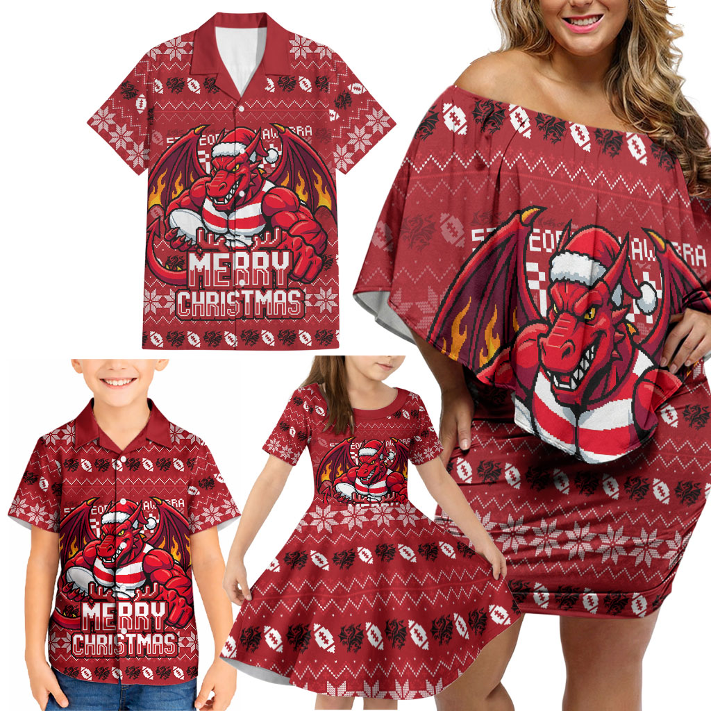Personalized St George Illawarra Dragons Christmas Family Matching Off Shoulder Short Dress and Hawaiian Shirt Australian Rugby Fans - Pixelated Ugly Xmas Pattern Mascot Santa