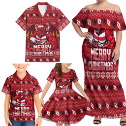 Personalized St George Illawarra Dragons Christmas Family Matching Off Shoulder Maxi Dress and Hawaiian Shirt Australian Rugby Fans - Pixelated Ugly Xmas Pattern Mascot Santa