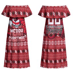 Personalized St George Illawarra Dragons Christmas Family Matching Off Shoulder Maxi Dress and Hawaiian Shirt Australian Rugby Fans - Pixelated Ugly Xmas Pattern Mascot Santa