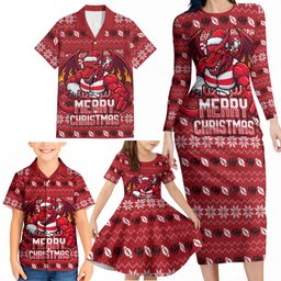 Personalized St George Illawarra Dragons Christmas Family Matching Long Sleeve Bodycon Dress and Hawaiian Shirt Australian Rugby Fans - Pixelated Ugly Xmas Pattern Mascot Santa