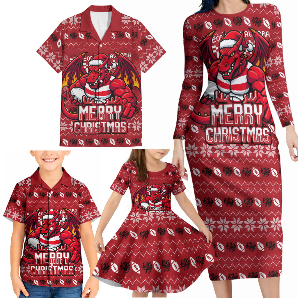 Personalized St George Illawarra Dragons Christmas Family Matching Long Sleeve Bodycon Dress and Hawaiian Shirt Australian Rugby Fans - Pixelated Ugly Xmas Pattern Mascot Santa