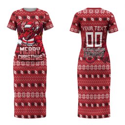 Personalized St George Illawarra Dragons Christmas Family Matching Short Sleeve Bodycon Dress and Hawaiian Shirt Australian Rugby Fans - Pixelated Ugly Xmas Pattern Mascot Santa