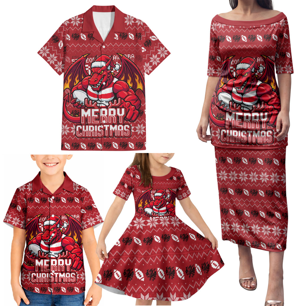 Personalized St George Illawarra Dragons Christmas Family Matching Puletasi and Hawaiian Shirt Australian Rugby Fans - Pixelated Ugly Xmas Pattern Mascot Santa