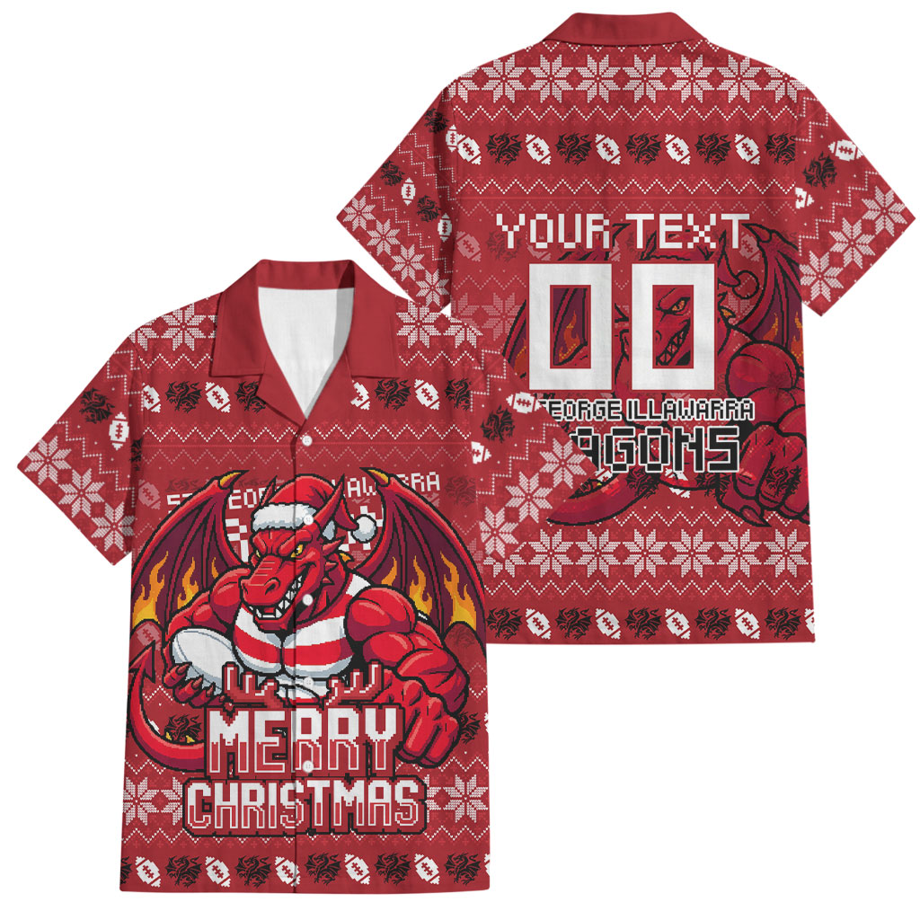 Personalized St George Illawarra Dragons Christmas Family Matching Long Sleeve Bodycon Dress and Hawaiian Shirt Australian Rugby Fans - Pixelated Ugly Xmas Pattern Mascot Santa