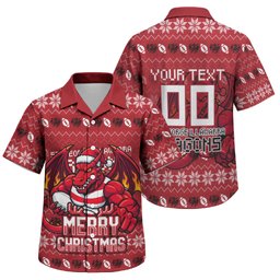 Personalized St George Illawarra Dragons Christmas Family Matching Off Shoulder Maxi Dress and Hawaiian Shirt Australian Rugby Fans - Pixelated Ugly Xmas Pattern Mascot Santa