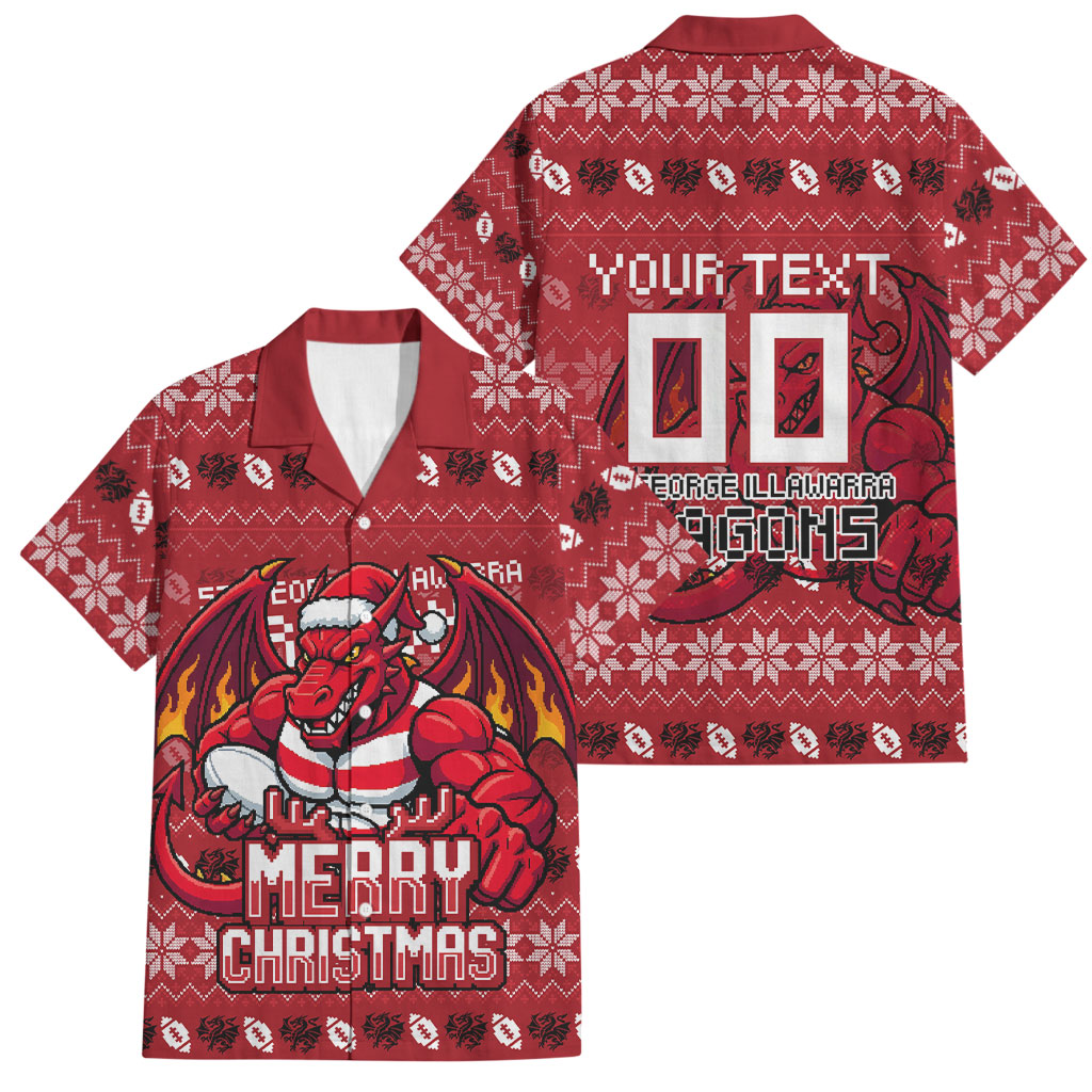 Personalized St George Illawarra Dragons Christmas Family Matching Summer Maxi Dress and Hawaiian Shirt Australian Rugby Fans - Pixelated Ugly Xmas Pattern Mascot Santa