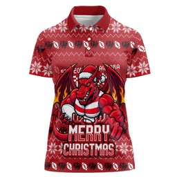 Personalized St George Illawarra Dragons Christmas Women Polo Shirt Australian Rugby Fans - Pixelated Ugly Xmas Pattern Mascot Santa