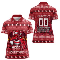 Personalized St George Illawarra Dragons Christmas Women Polo Shirt Australian Rugby Fans - Pixelated Ugly Xmas Pattern Mascot Santa