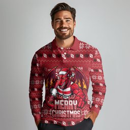Personalized St George Illawarra Dragons Christmas Long Sleeve Polo Shirt Australian Rugby Fans - Pixelated Ugly Xmas Pattern Mascot Santa