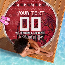 Personalized St George Illawarra Dragons Christmas Beach Blanket Australian Rugby Fans - Pixelated Ugly Xmas Pattern Mascot Santa