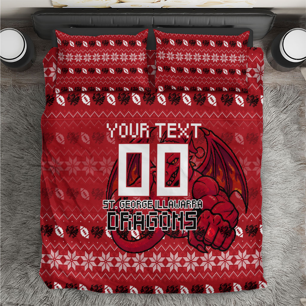 Personalized St George Illawarra Dragons Christmas Bedding Set Australian Rugby Fans - Pixelated Ugly Xmas Pattern Mascot Santa