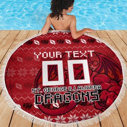 Personalized St George Illawarra Dragons Christmas Beach Blanket Australian Rugby Fans - Pixelated Ugly Xmas Pattern Mascot Santa