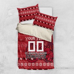 Personalized St George Illawarra Dragons Christmas Bedding Set Australian Rugby Fans - Pixelated Ugly Xmas Pattern Mascot Santa