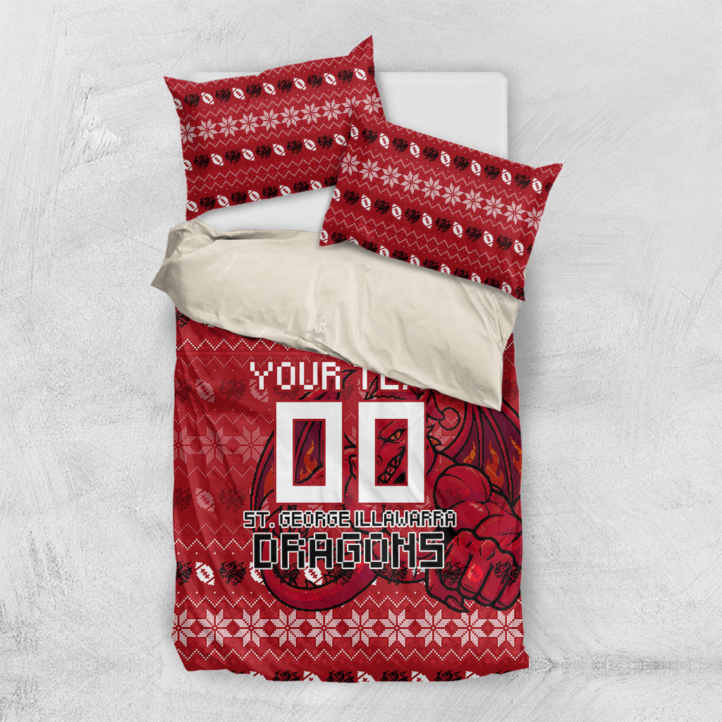 Personalized St George Illawarra Dragons Christmas Bedding Set Australian Rugby Fans - Pixelated Ugly Xmas Pattern Mascot Santa