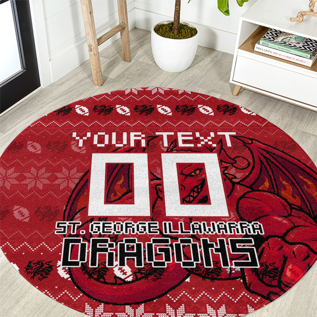 Personalized St George Illawarra Dragons Christmas Round Carpet Australian Rugby Fans - Pixelated Ugly Xmas Pattern Mascot Santa