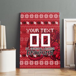 Personalized St George Illawarra Dragons Christmas Canvas Wall Art Australian Rugby Fans - Pixelated Ugly Xmas Pattern Mascot Santa