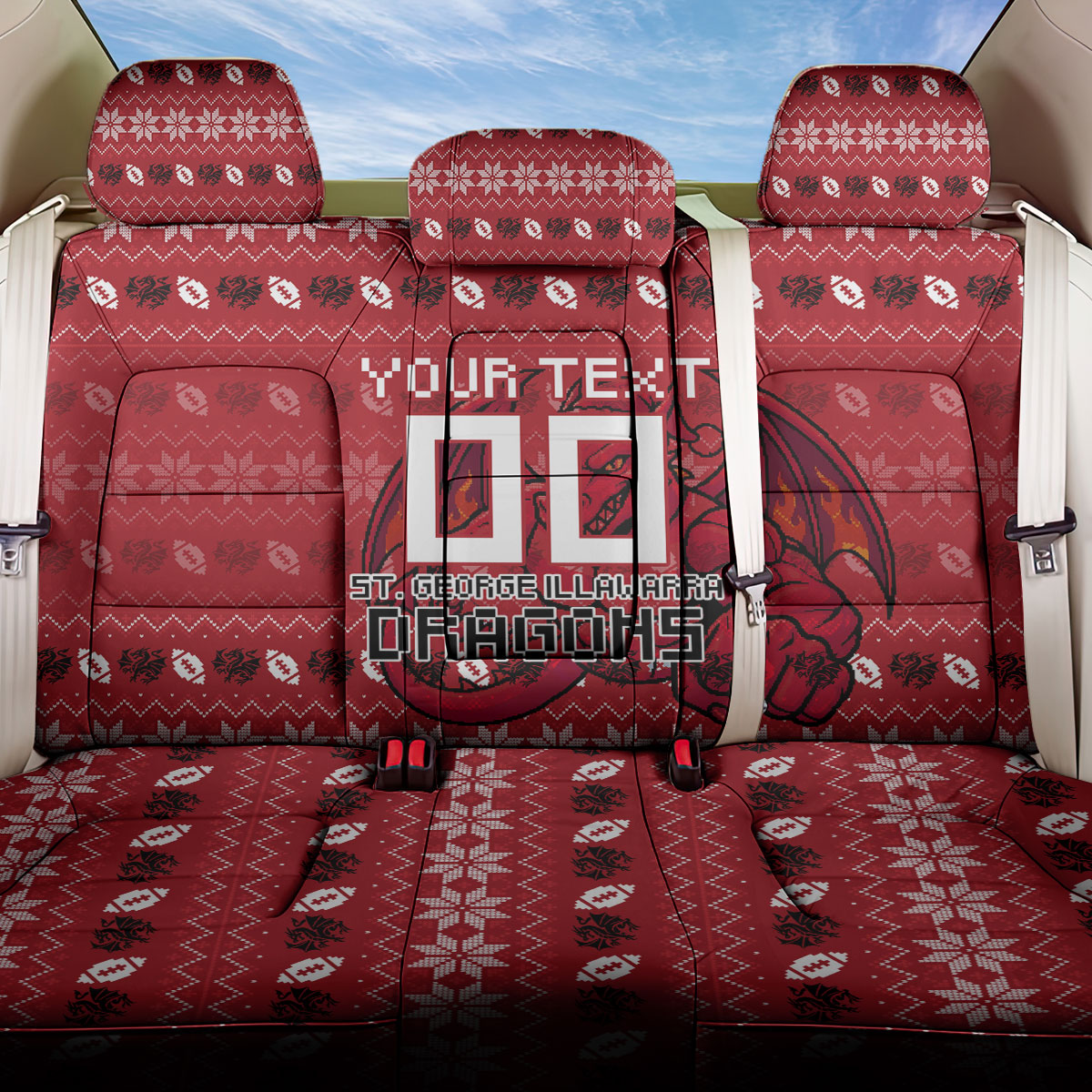 Personalized St George Illawarra Dragons Christmas Back Car Seat Cover Australian Rugby Fans - Pixelated Ugly Xmas Pattern Mascot Santa