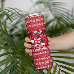 Personalized St George Illawarra Dragons Christmas Skinny Tumbler Australian Rugby Fans - Pixelated Ugly Xmas Pattern Mascot Santa