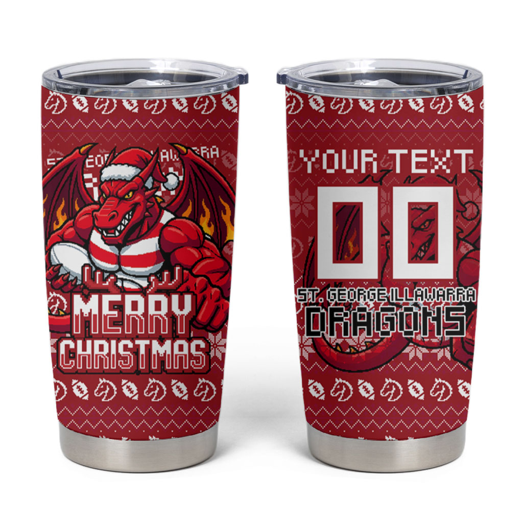 Personalized St George Illawarra Dragons Christmas Tumbler Cup Australian Rugby Fans - Pixelated Ugly Xmas Pattern Mascot Santa