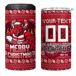 Personalized St George Illawarra Dragons Christmas 4 in 1 Can Cooler Tumbler Australian Rugby Fans - Pixelated Ugly Xmas Pattern Mascot Santa