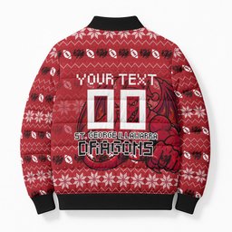 Personalized St George Illawarra Dragons Christmas Bomber Puffer Jacket Australian Rugby Fans - Pixelated Ugly Xmas Pattern Mascot Santa