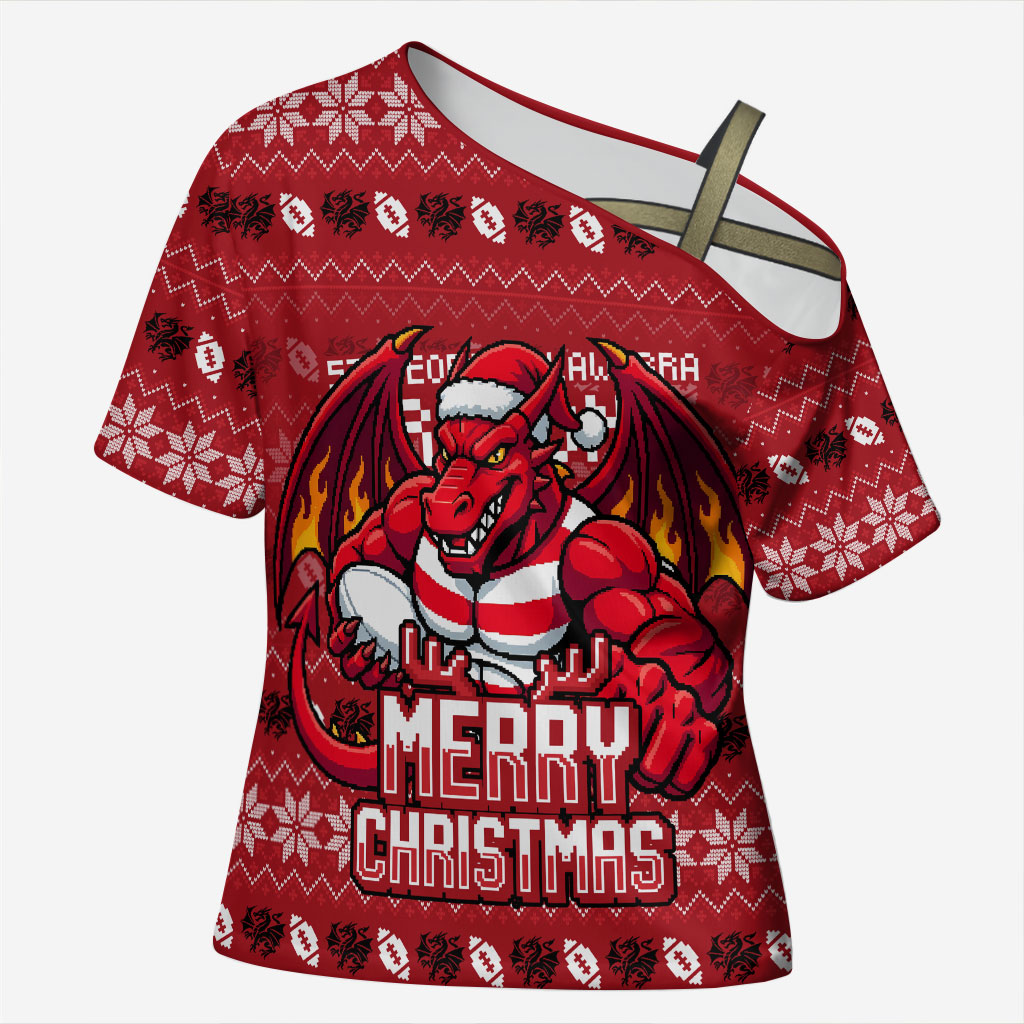 Personalized St George Illawarra Dragons Christmas Cross Shoulder Shirt Australian Rugby Fans - Pixelated Ugly Xmas Pattern Mascot Santa
