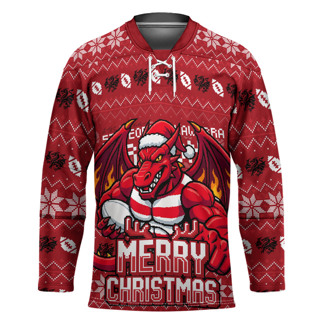 Personalized St George Illawarra Dragons Christmas Hockey Jersey Australian Rugby Fans - Pixelated Ugly Xmas Pattern Mascot Santa