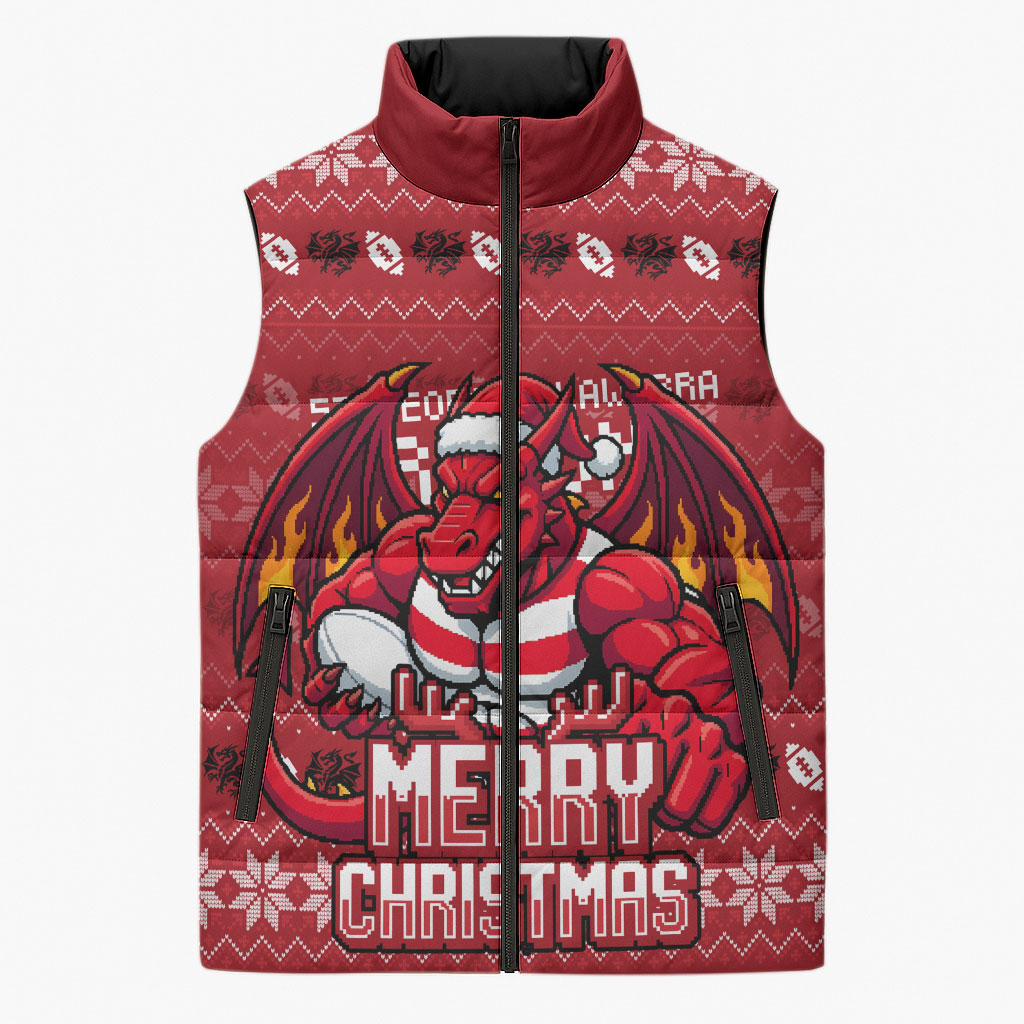 Personalized St George Illawarra Dragons Christmas Sleeveless Puffer Jacket Australian Rugby Fans - Pixelated Ugly Xmas Pattern Mascot Santa