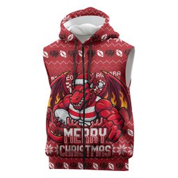 Personalized St George Illawarra Dragons Christmas Sleeveless Zip Hoodie Australian Rugby Fans - Pixelated Ugly Xmas Pattern Mascot Santa
