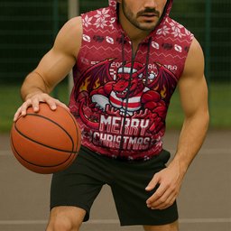 Personalized St George Illawarra Dragons Christmas Sleeveless Zip Hoodie Australian Rugby Fans - Pixelated Ugly Xmas Pattern Mascot Santa