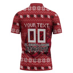 Personalized St George Illawarra Dragons Christmas Zipper Polo Shirt Australian Rugby Fans - Pixelated Ugly Xmas Pattern Mascot Santa