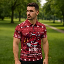 Personalized St George Illawarra Dragons Christmas Zipper Polo Shirt Australian Rugby Fans - Pixelated Ugly Xmas Pattern Mascot Santa