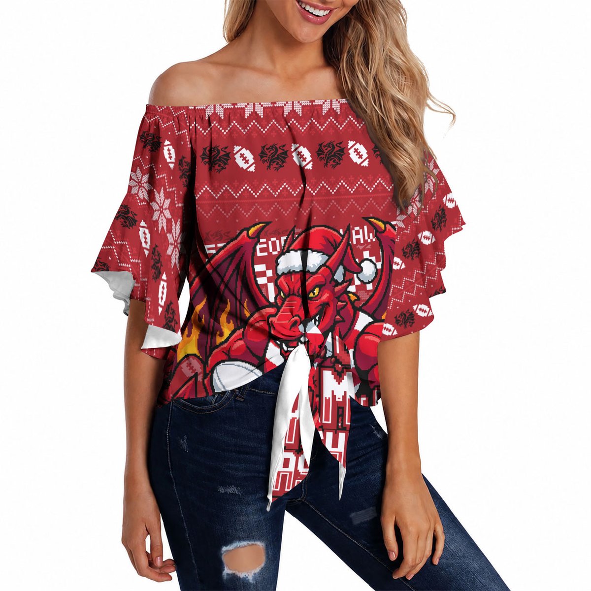 Personalized St George Illawarra Dragons Christmas Off Shoulder Wrap Waist Top Australian Rugby Fans - Pixelated Ugly Xmas Pattern Mascot Santa