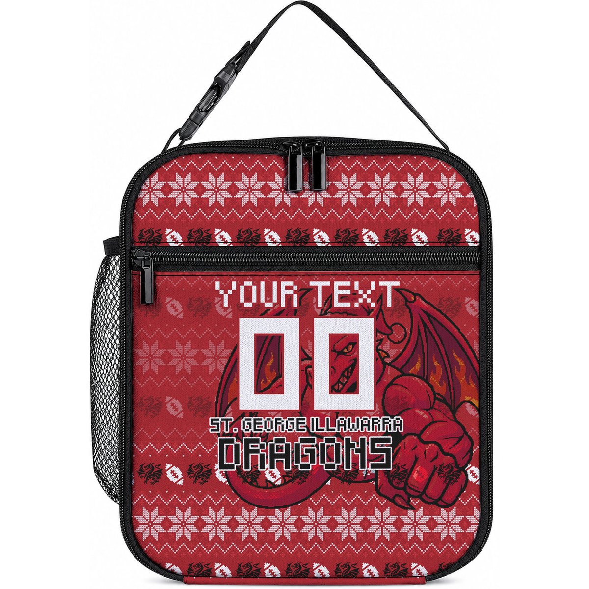 Personalized St George Illawarra Dragons Christmas Lunch Bag Australian Rugby Fans - Pixelated Ugly Xmas Pattern Mascot Santa