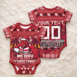 Personalized St George Illawarra Dragons Christmas Baby Onesie Australian Rugby Fans - Pixelated Ugly Xmas Pattern Mascot Santa