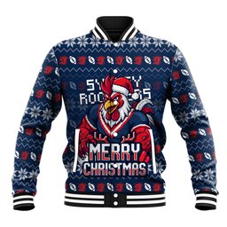 Personalized Sydney Roosters Christmas Baseball Jacket Australian Rugby Fans - Pixelated Ugly Xmas Pattern Mascot Santa