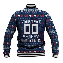Personalized Sydney Roosters Christmas Baseball Jacket Australian Rugby Fans - Pixelated Ugly Xmas Pattern Mascot Santa