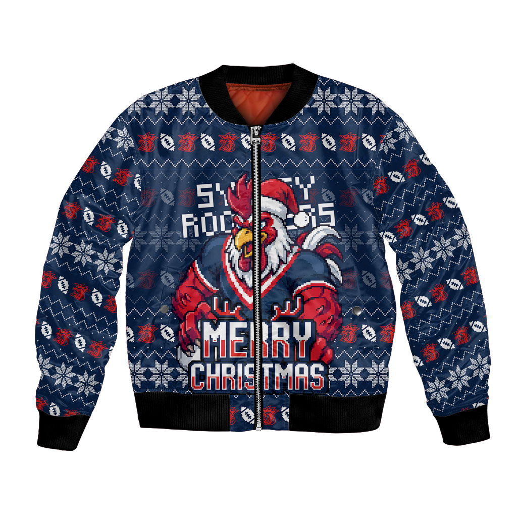 Personalized Sydney Roosters Christmas Bomber Jacket Australian Rugby Fans - Pixelated Ugly Xmas Pattern Mascot Santa