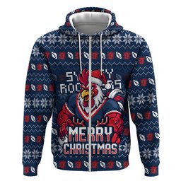Personalized Sydney Roosters Christmas Zip Hoodie Australian Rugby Fans - Pixelated Ugly Xmas Pattern Mascot Santa