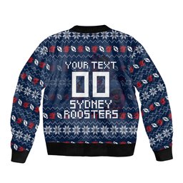 Personalized Sydney Roosters Christmas Bomber Jacket Australian Rugby Fans - Pixelated Ugly Xmas Pattern Mascot Santa