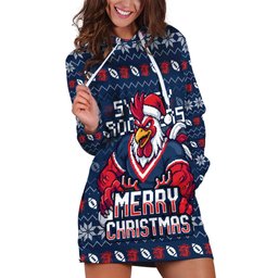 Personalized Sydney Roosters Christmas Hoodie Dress Australian Rugby Fans - Pixelated Ugly Xmas Pattern Mascot Santa